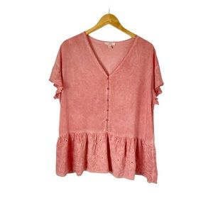 Como Vintage Eyelet Lace Ruffle Trim Top Size Large Pink